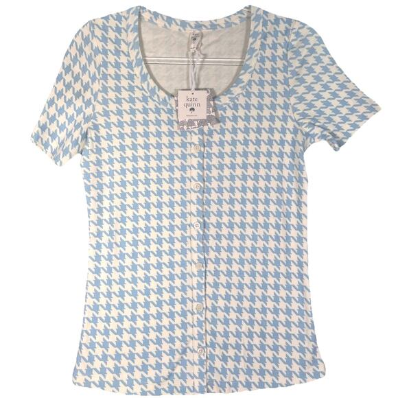 Kate Quinn Blue White Houndstooth Button Short Sleeve Top Size Small NWT - Picture 1 of 8